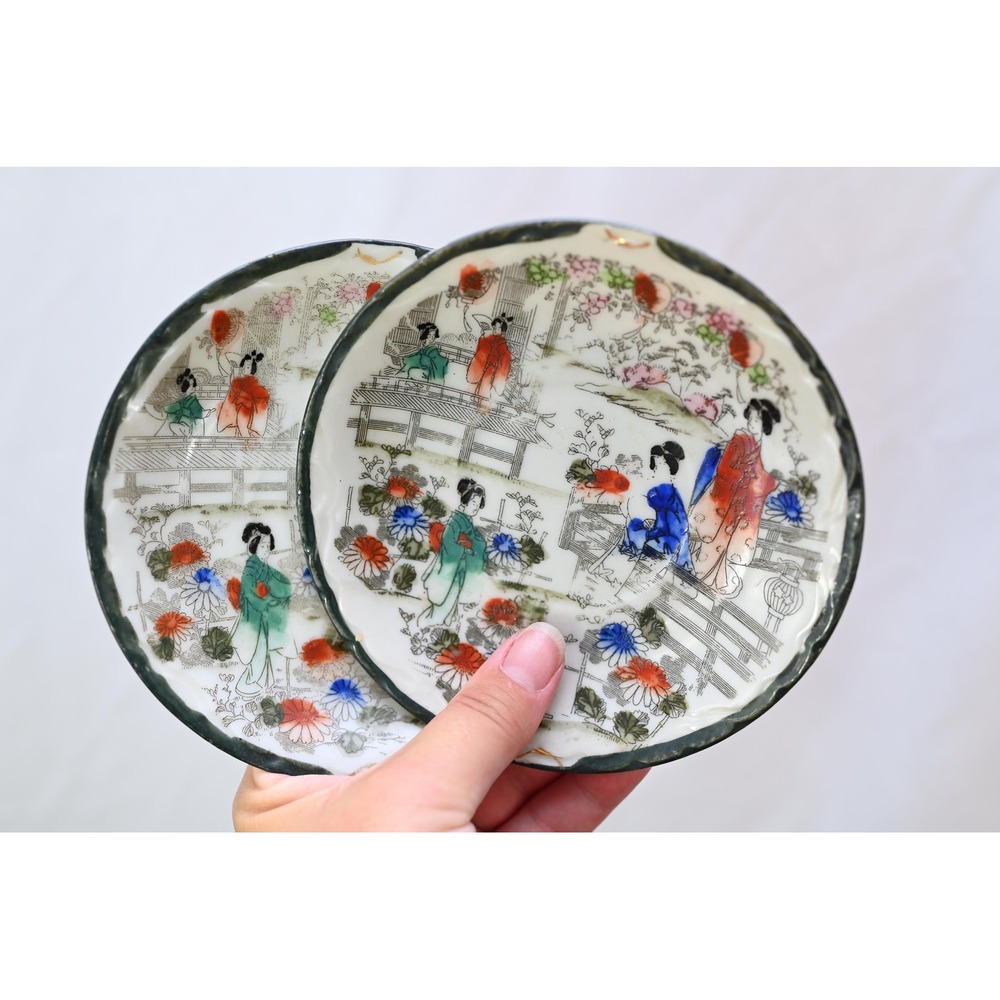 Vintage Nippon Japanese Geisha Porcelain Saucers Set of 2 Hand Painted 5 Inch